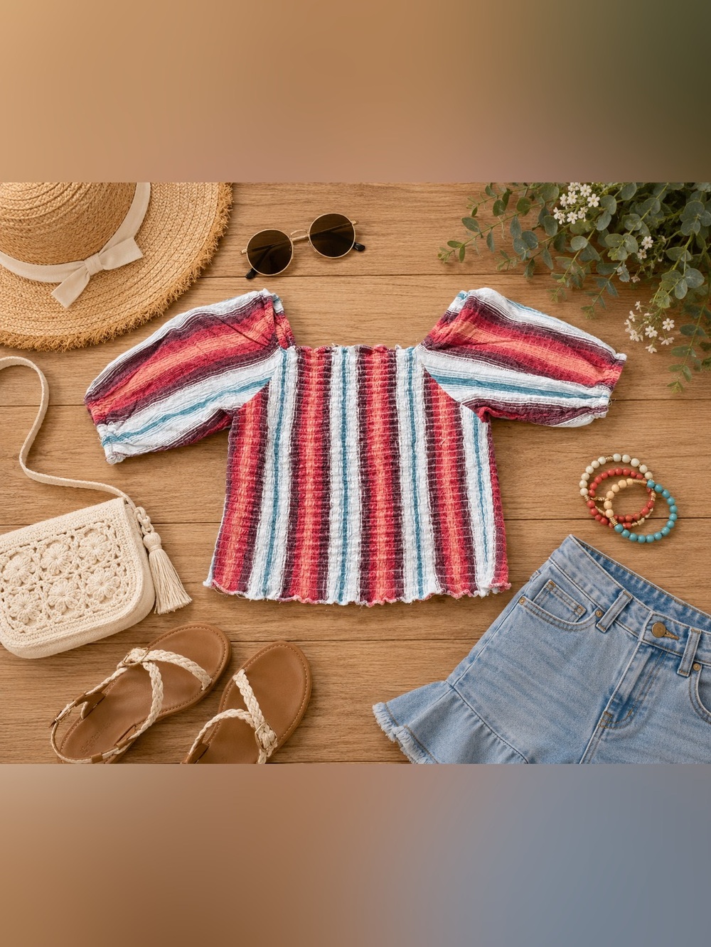 Angie Girls Large Red White Blue Striped Smocked Peasant Top Boho